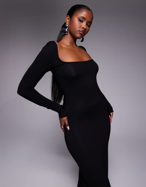 ASOS DESIGN – Langärmliges Maxikleid in Schwarz mit geknoteter Rückseite und eckigem Ausschnitt - view 1