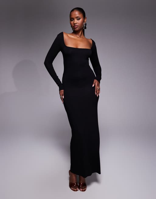 ASOS DESIGN – Langärmliges Maxikleid in Schwarz mit geknoteter Rückseite und eckigem Ausschnitt, 2 von 4