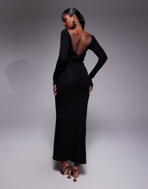 ASOS DESIGN – Langärmliges Maxikleid in Schwarz mit geknoteter Rückseite und eckigem Ausschnitt, 3 von 4