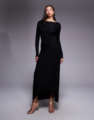 ASOS DESIGN - Langärmliges Maxikleid in Schwarz mit geraffter Taille und Rückenausschnitt
