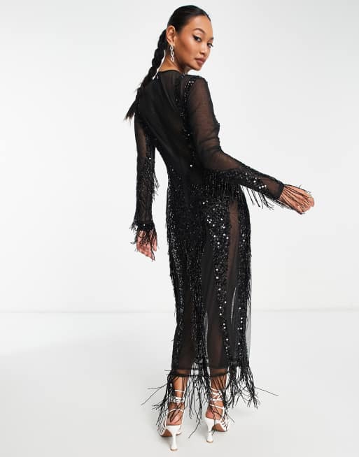 ASOS DESIGN – Langärmliges Maxikleid in Schwarz mit Paillettenbesatz, 3 von 4