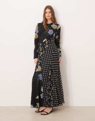 ASOS DESIGN - Langärmliges Maxikleid in Schwarz mit Ringerrücken, Godet-Saum sowie Blumen- und Punktemuster-Bunt