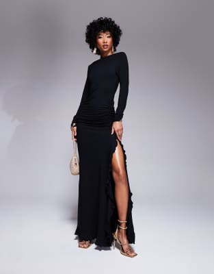 ASOS DESIGN - Langärmliges Maxikleid in Schwarz mit Rüschen und weitem Rock