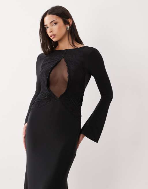 ASOS DESIGN – Langärmliges Maxikleid in Schwarz mit transparenten Einsätzen und Spitzenbesatz, 2 von 4