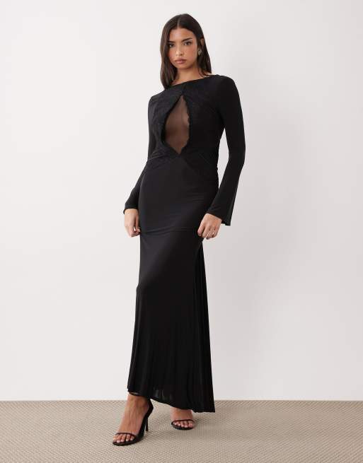 ASOS DESIGN – Langärmliges Maxikleid in Schwarz mit transparenten Einsätzen und Spitzenbesatz, 3 von 4