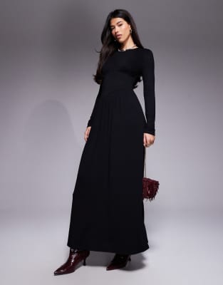 ASOS DESIGN - Langärmliges Maxikleid in Schwarz mit U-Boot-Ausschnitt und asymmetrischem Taillendesign