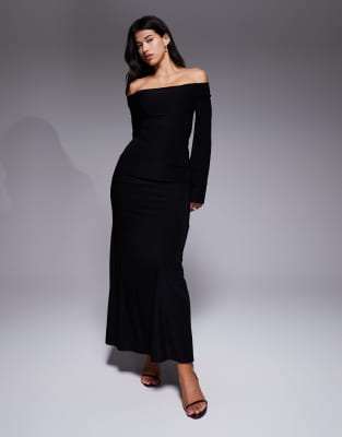 ASOS DESIGN - Langärmliges Maxikleid in Schwarz mit verdrehter Schulterpartie und Schnürung hinten