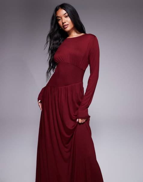 ASOS DESIGN – Langärmliges Maxikleid in Weinrot mit U-Boot-Ausschnitt und Ziernähten - view 1