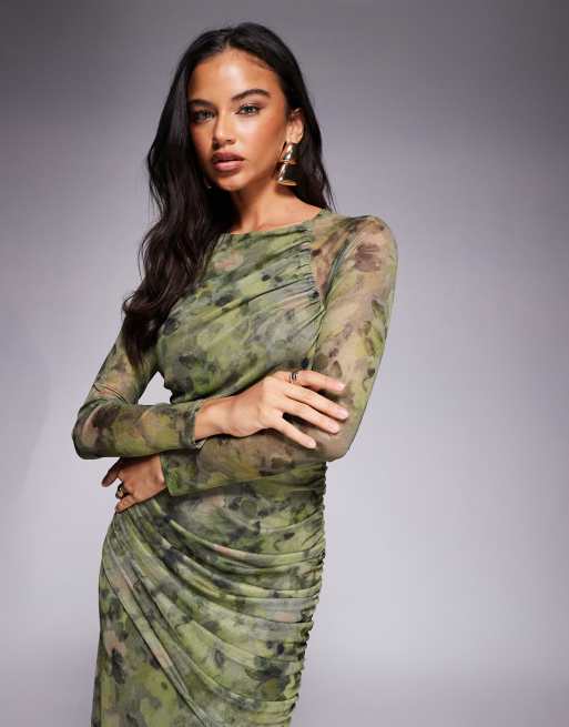 ASOS DESIGN – Langärmliges Maxikleid mit asymmetrischer Raffung und abstraktem Blumenmuster, 2 von 4