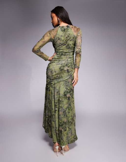ASOS DESIGN – Langärmliges Maxikleid mit asymmetrischer Raffung und abstraktem Blumenmuster, 3 von 4