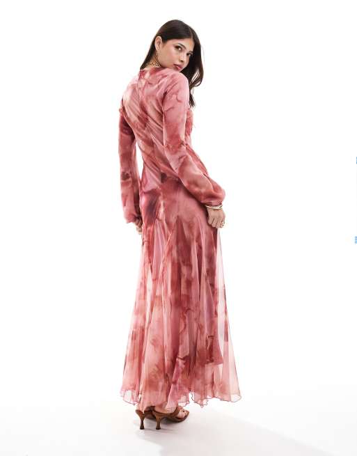 ASOS DESIGN – Langärmliges Maxikleid mit Godet-Saum und verschwommenem Muster, 3 von 4