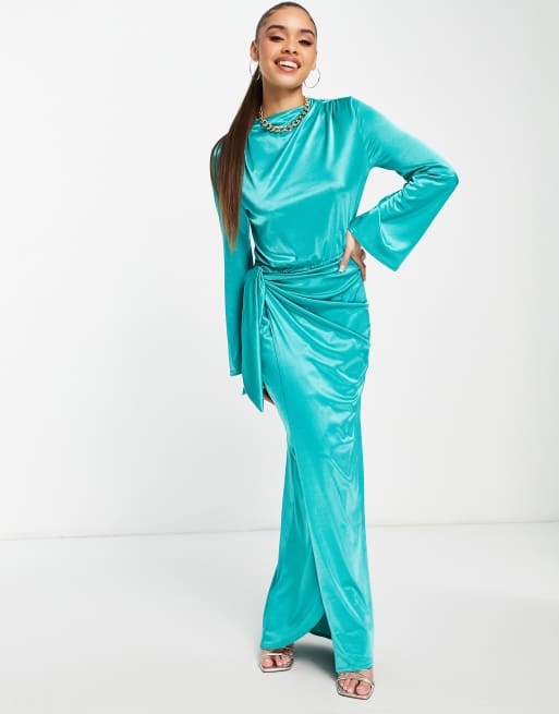 ASOS DESIGN – Langärmliges Maxikleid mit Knoten und Taillenschnürung in Dunkeltürkis