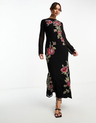 ASOS DESIGN - Langärmliges Maxikleid mit roter Blumenstickerei-Bunt