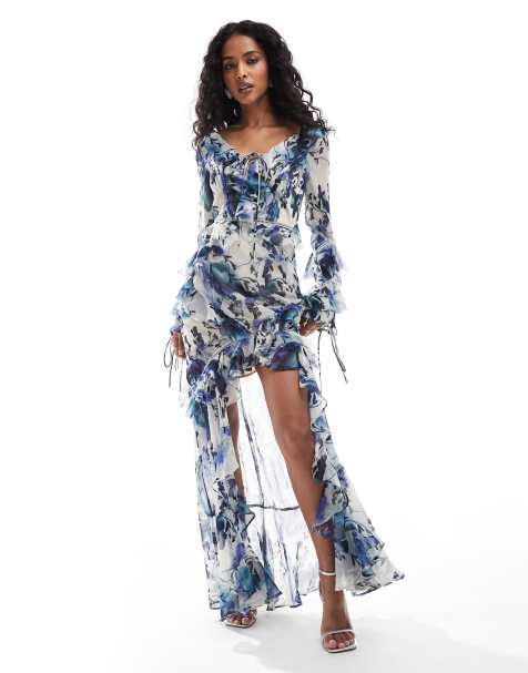 ASOS DESIGN – Langärmliges Maxikleid mit Rüschen, Spitzeneinsatz und rosafarbenem Blumenmuster - view 1