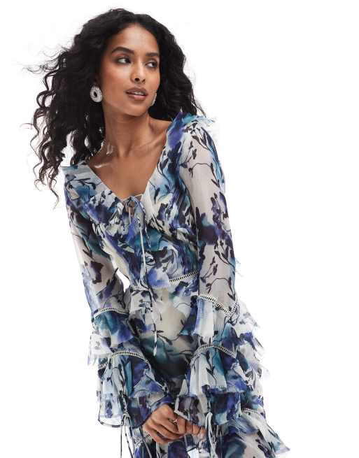 ASOS DESIGN long sleeve ruffle maxi dress with lace inserts in rose floral print