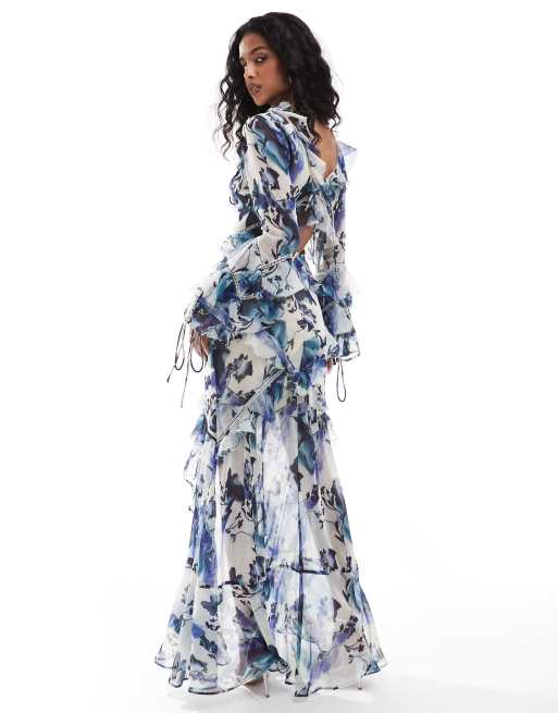 ASOS DESIGN long sleeve ruffle maxi dress with lace inserts in rose floral print