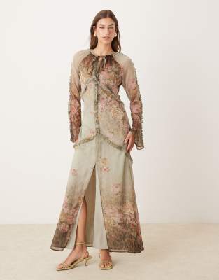 ASOS DESIGN - Langärmliges Maxikleid mit tiefem Ausschnitt und Leoparden-Blumenmuster mit Farbverlauf-Bunt