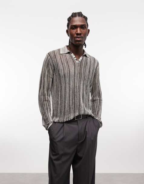ASOS DESIGN – Langärmliges, mehrfarbiges Polohemd aus Strick-Netzstoff mit eingekerbtem Ausschnitt - view 1