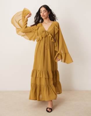 ASOS DESIGN - Langärmliges Midaxi-Kleid in Olivgrün mit V-Ausschnitt und Bindedetails