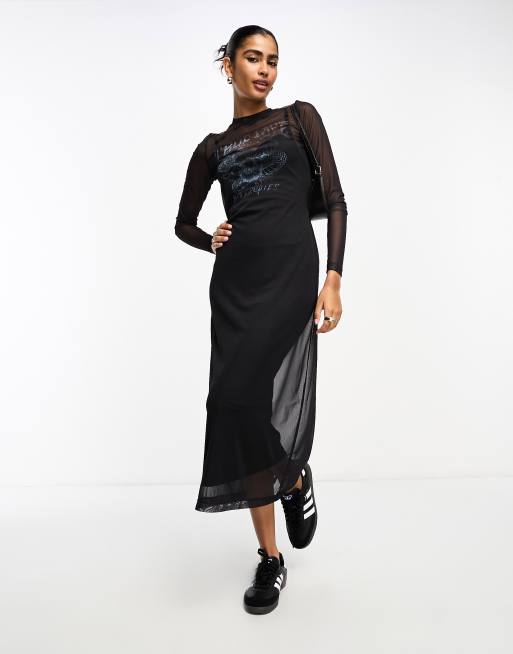 ASOS DESIGN – Langärmliges Midaxikleid in Schwarz aus Netzstoff mit Grafik