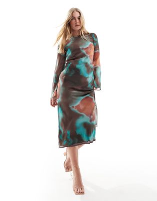 ASOS DESIGN - Langärmliges Midikleid aus Chiffon in Schokobraun und Grün mit verschwommenem Print-Bunt