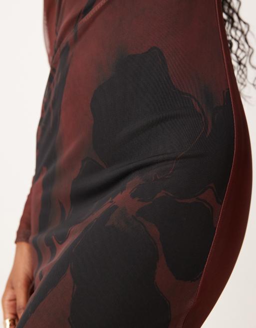 ASOS DESIGN – Langärmliges Midikleid aus Netzstoff in Schokobraun mit Blumenmuster, 3 von 4
