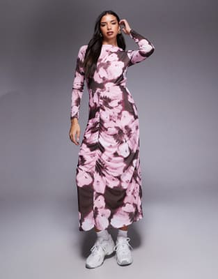 ASOS DESIGN - Langärmliges Midikleid aus Netzstoff mit abstraktem Monochrom-Print und Nahtdetails-Bunt
