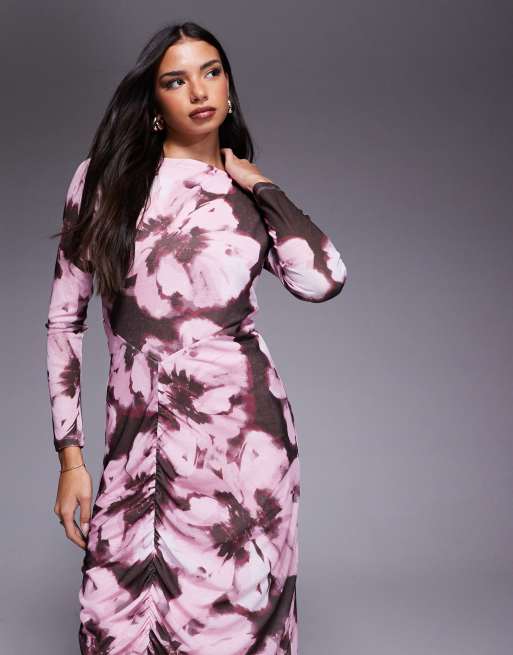 ASOS DESIGN – Langärmliges Midikleid aus Netzstoff mit abstraktem Monochrom-Print und Nahtdetails, 2 von 4