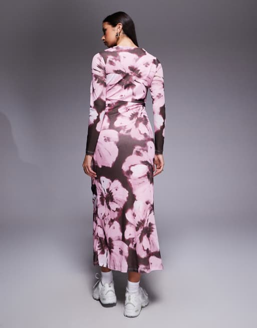ASOS DESIGN – Langärmliges Midikleid aus Netzstoff mit abstraktem Monochrom-Print und Nahtdetails, 4 von 4