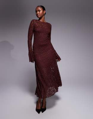 ASOS DESIGN - Langärmliges Midikleid aus Spitze in Schokobraun mit Zipfelsaum-Brown