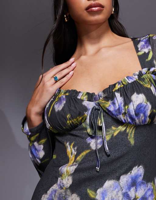 ASOS DESIGN – Langärmliges Midikleid im Milchmädchenstil in Schwarz geblümt, 2 von 4