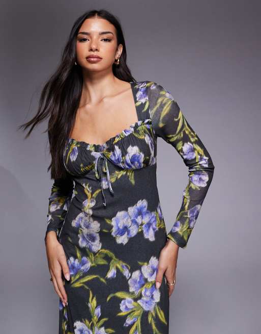 ASOS DESIGN – Langärmliges Midikleid im Milchmädchenstil in Schwarz geblümt, 3 von 4