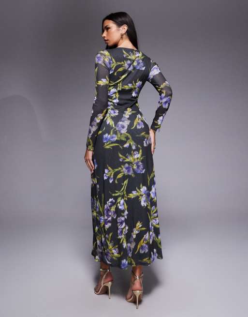 ASOS DESIGN – Langärmliges Midikleid im Milchmädchenstil in Schwarz geblümt, 4 von 4