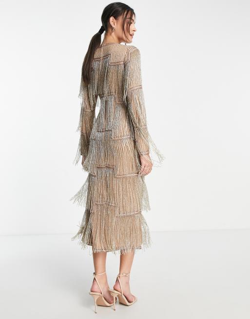 ASOS DESIGN – Langärmliges Midikleid in Beige mit durchgängiger Verzierung, 2 von 4