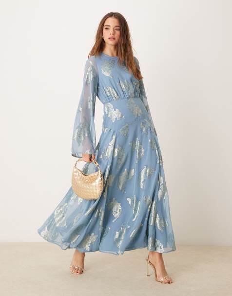 ASOS DESIGN – Langärmliges Midikleid in Blau mit Metallic-Details und gerafften Ärmelbündchen - view 1