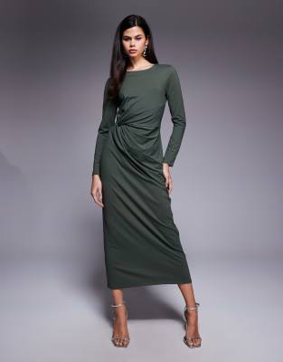 ASOS DESIGN - Langärmliges Midikleid in Khaki mit asymmetrischem Ausschnitt und verdrehtem Seitendetail-Grün