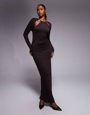 ASOS DESIGN - Langärmliges Midikleid in Schokobraun mit Zierausschnitt am Ausschnitt und Drapierung-Brown