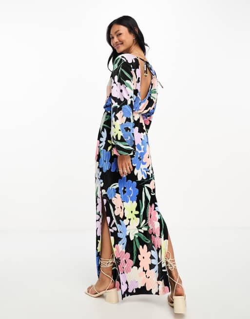 ASOS DESIGN – Langärmliges Midikleid in Schwarz geblümt mit Bindedetail am Rücken und Fledermausärmeln 