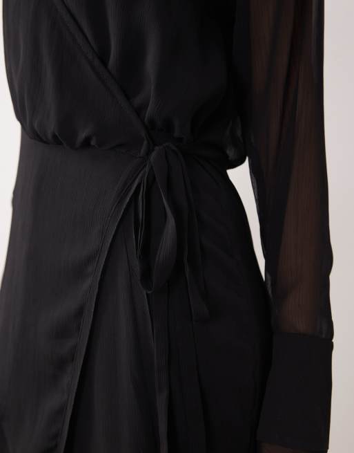 ASOS DESIGN – Langärmliges Midikleid in Schwarz mit Wickeldesign, 3 von 4