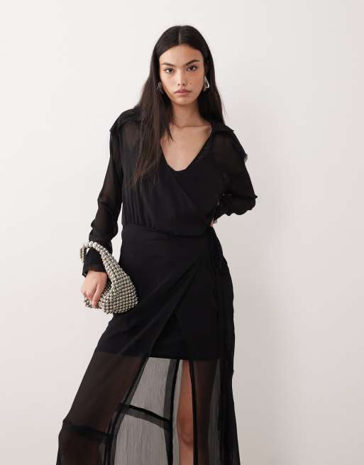 ASOS DESIGN – Langärmliges Midikleid in Schwarz mit Wickeldesign, 4 von 4