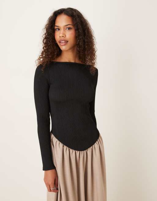 ASOS DESIGN – Langärmliges Midikleid in Schwarz und Beige mit tiefer Taille und U-Boot-Ausschnitt, 4 von 4