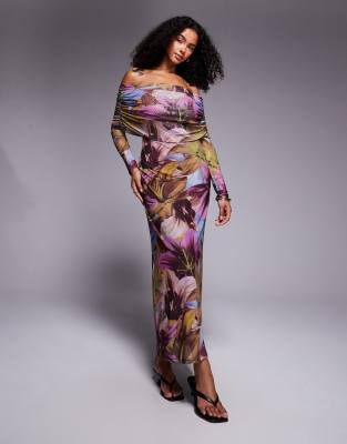 ASOS DESIGN - Langärmliges Midikleid mit Carmen-Ausschnitt und dunklem Blumenmuster-Bunt