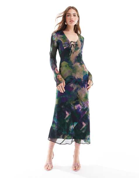 ASOS DESIGN – Langärmliges Midikleid mit gebundener Vorderseite, Grunge-Blumenmuster und Rock mit Bias-Cut - view 1
