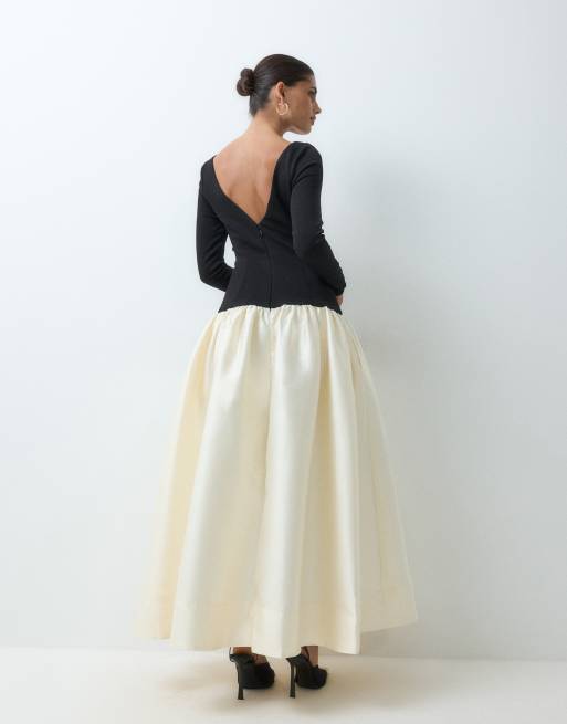 ASOS DESIGN langärmliges Midikleid mit kontrastierendem Volumenrock in Schwarz & Elfenbein, 4 von 5