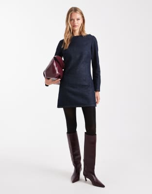 ASOS DESIGN - Langärmliges Mini-Etuikleid aus Denim mit Rinse-Waschung-Marineblau