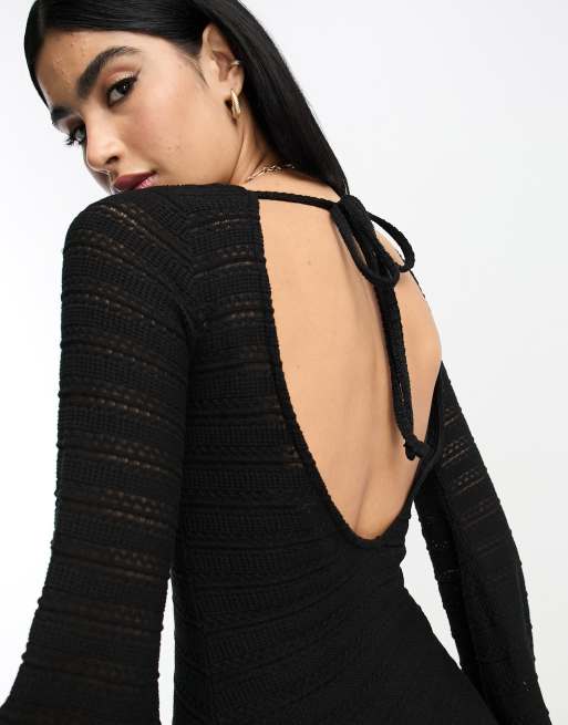 ASOS DESIGN – Langärmliges Mini-Häkelkleid in Schwarz mit ausgestellten Manschetten, 3 von 4