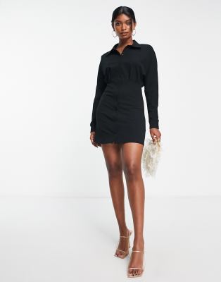 ASOS DESIGN - Langärmliges Mini-Hemdkleid in Schwarz mit Raffung