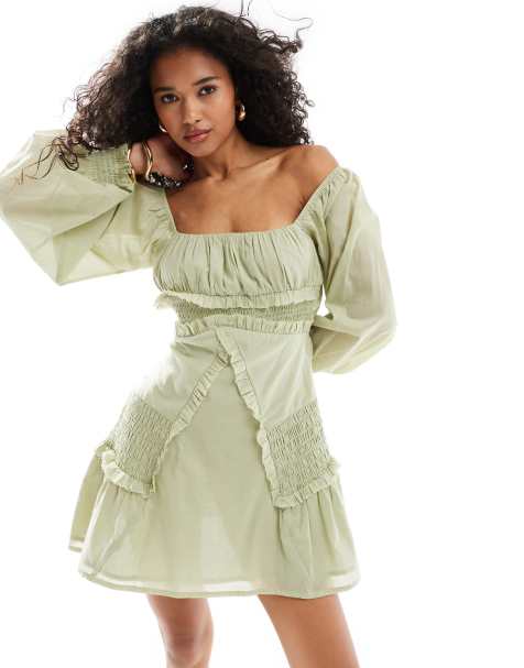 ASOS DESIGN – Langärmliges Mini-Wickelkleid in Khaki mit unversäuberten Kanten - view 1