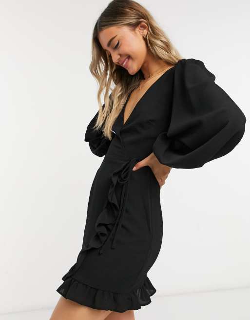ASOS DESIGN – Langärmliges Mini-Wickelkleid in Schwarz