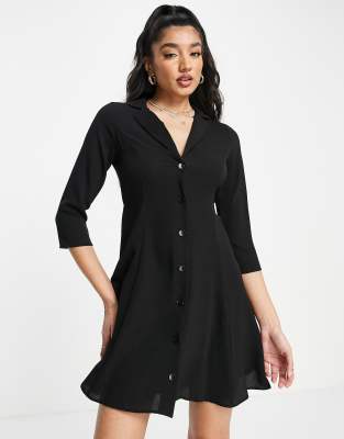 ASOS DESIGN - Langärmliges Minihemdkleid in Schwarz mit Knopfleiste und Kragen